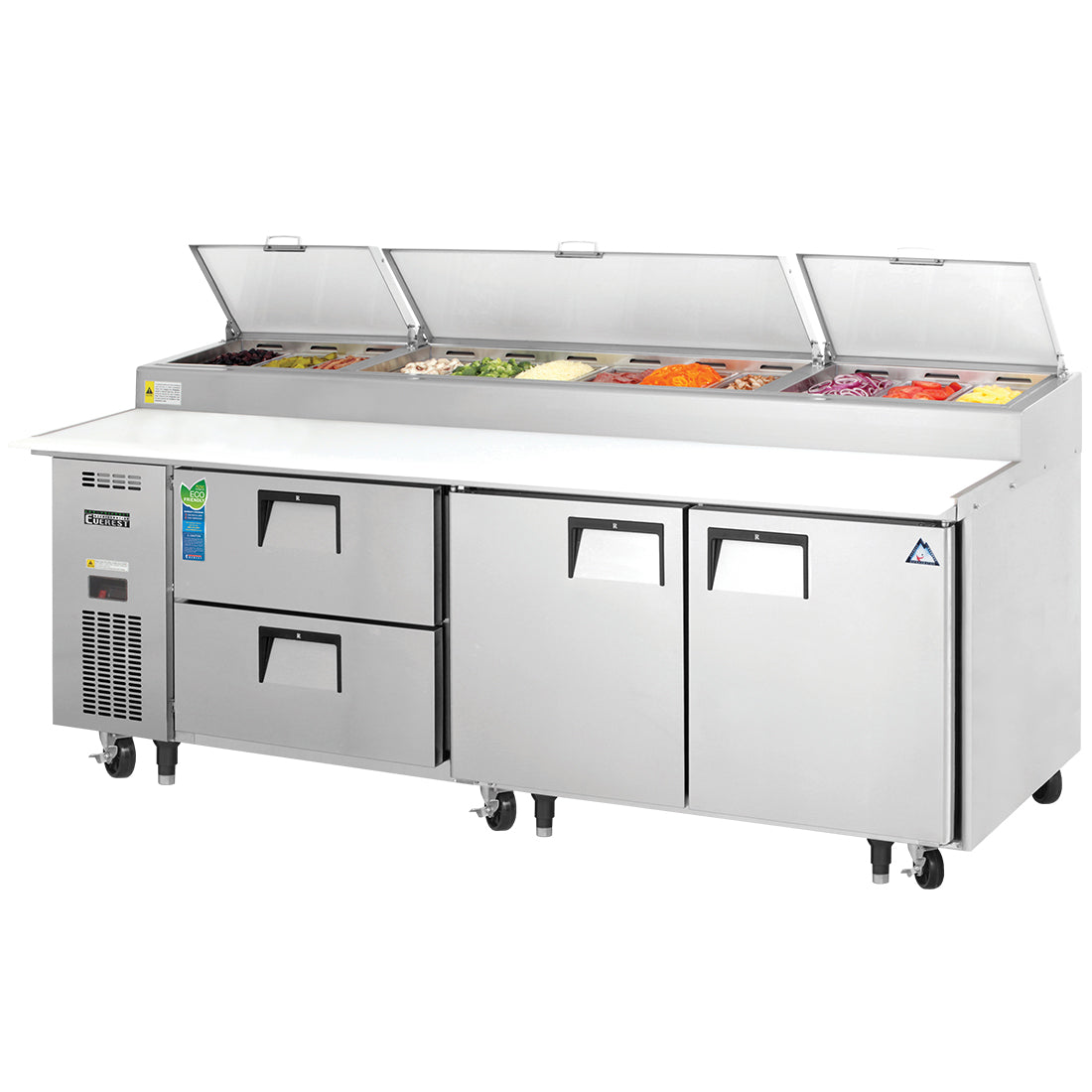 Everest EP Series-EPPR3-D2 Three Section Two Door/Two Drawer Side Mount Pizza Prep Table - 30 Cu. Ft.