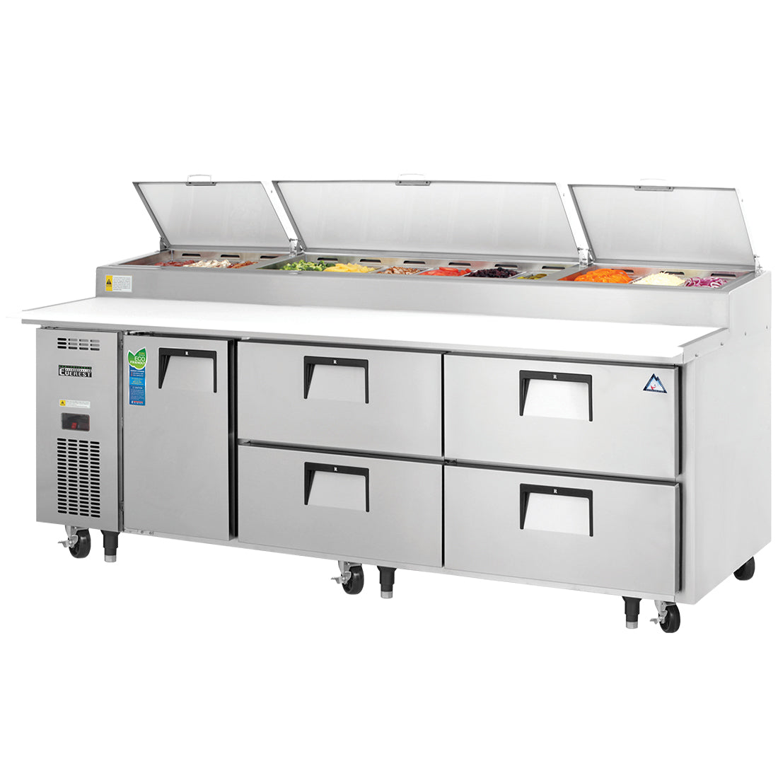Everest EP Series-EPPR3-D4 Three Section One Door/Four Drawer Side Mount Pizza Prep Table - 30 Cu. Ft.